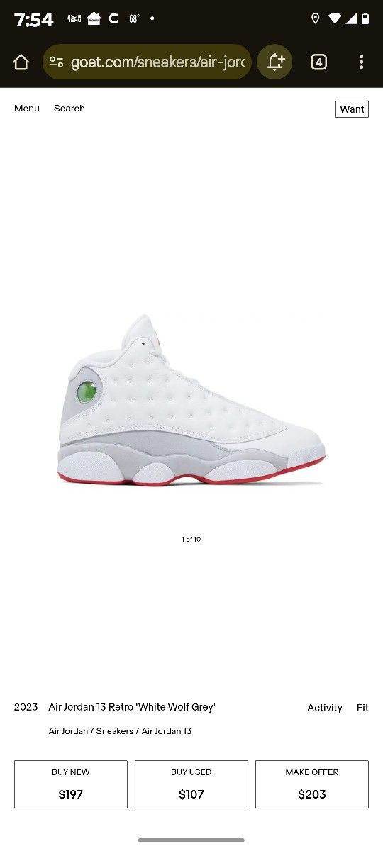 Jordan 13 'White Wolf's Mens 11. $210