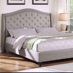 Grey King Size Bed - Platform Bed It’s Soft Grey Linen Fabric, Button Tufted Arched Headboard & Studded Trim