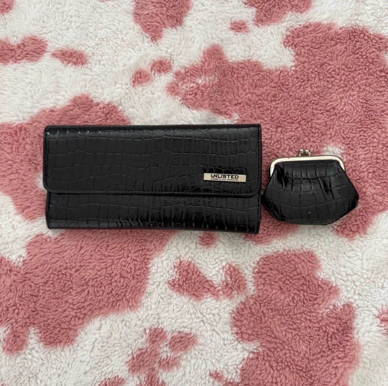 BRAND NEW UNLISTED by Kenneth Cole Black Croc-Embossed Clutch Wallet w/ Coin Purse – Leopard Interior, 15 Pockets - BRAND NEW NEVER BEEN USED
