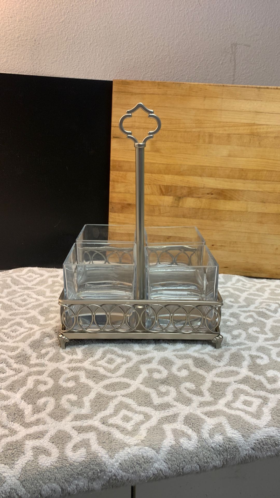 Godinger Shannon Pewter Finish Flatware, 4-Part Crystal Condiment Carrier