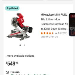 Milwaukee
M18 FUEL 18V Lithium-Ion Brushless Cordless 10 in. Dual Bevel Sliding Compound Miter Saw (Tool-Only)