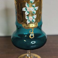 Bohemian Teal Glass Vase with Gold Overlay and Hand-Painted Floral Decoration