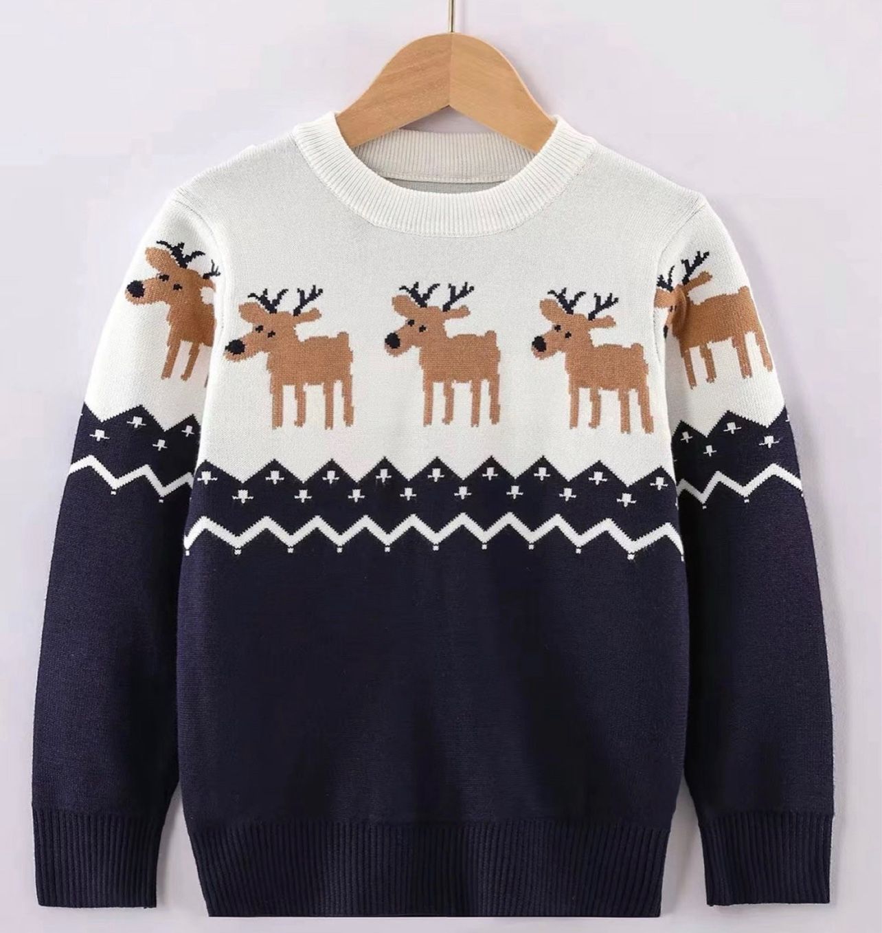 Children's Round Neck Christmas Reindeer Long Sleeve Sweater-Navy Blue (4-5)