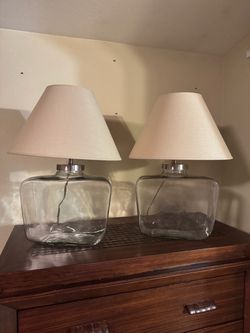 Two Large Pottery Barn Fillable Glass Lamps with Shades