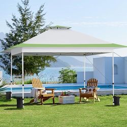 ES144 $95  13x13 Pop Up Canopy Tent, Straight Leg Easy Single Person Set-up Folding Shelter w/Extending Eaves w/Rolling Storage Bag & Sandbags for Gar