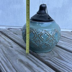 Porch Deck Ceramic Oil Lantern Light Bugs Teal Blue Green Table Home Decor Outside Summer Time Bbq