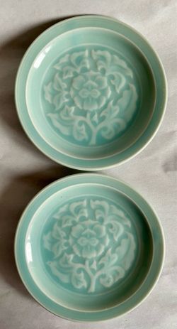 Two Small Vintage Celadon-Glazed Ceramic Plates w/Raised Floral Design