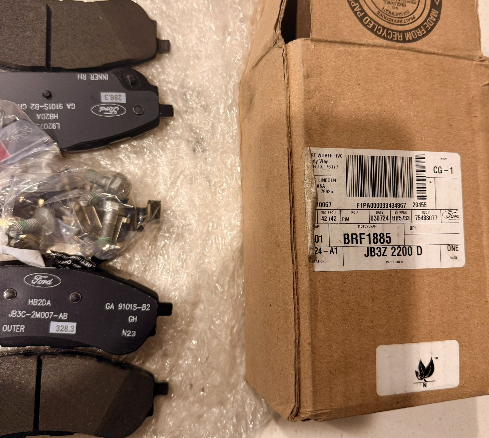 set of genuine Ford Motorcraft front brake pads — part number BRF1885 (also labeled JB3Z-2200-D