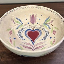 Vintage Hand-Painted Ceramic Folk Art Bowl with Heart and Tulip Motif