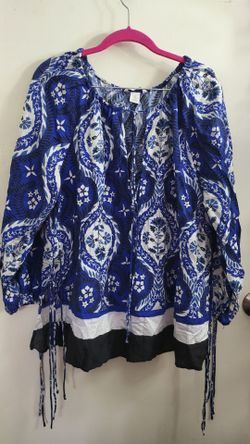 H&M Womens Medium Blue White Floral Paisley Peasant Blouse Tie Neck Side Drawstring
