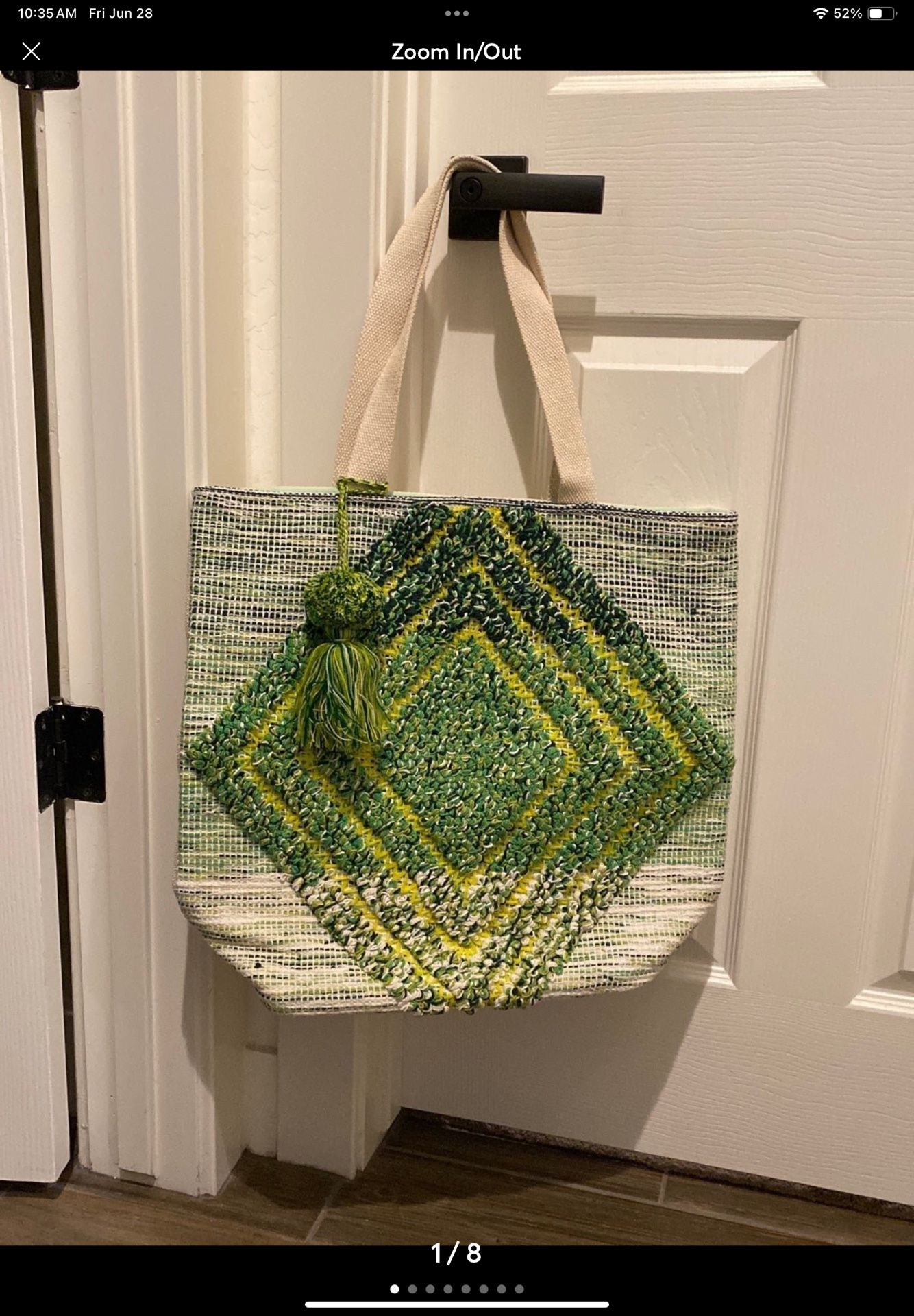 Large Tote Bag Embroidered By Panache 17L x19Hx - Green/Cream
