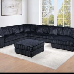 Brand New Black Fur Corduroy Sectional With Extra Large Chaise Cupholders & Usb Charging Ports