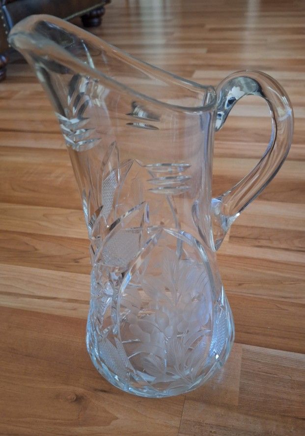 Vintage Crystal Cut Glass Water Pitcher 11"H No Cracks Or Chips