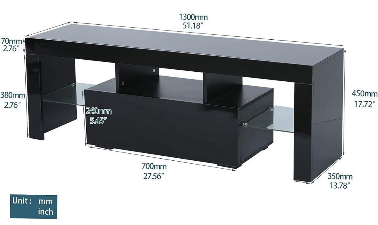🥨Modern TV Stand for 60 inch TVs, Black TV Stand with 20 Color LED Lights, High Gloss Entertainment Center with Storage Drawer, Media Console Table C