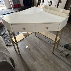 Vanity Desk, White With Gold Knobs, And Legs
