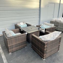 5pc Brown Wicker Patio Chairs And Firepit Table Set 