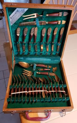 29 Piece Vintage V. Thailand Jewelry and Bronze Factory Bronze and Rosewood Flatware set