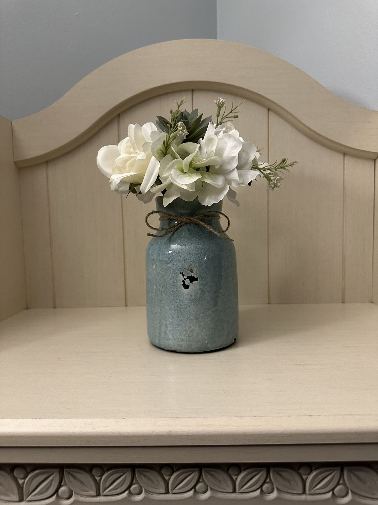 Vase & Faux White Flowers & Succulent