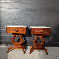 Antique 1940s Italian hand Carved Rose Side Table Nightstands With Drawers Mahogany 