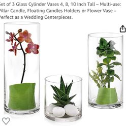Set of 3 Glass Cylinder Vases 4, 8, 10 Inch Tall – Multi-use: Pillar Candle, Floating Candles Holders or Flower Vase – Perfect as a Wedding Centerpiec