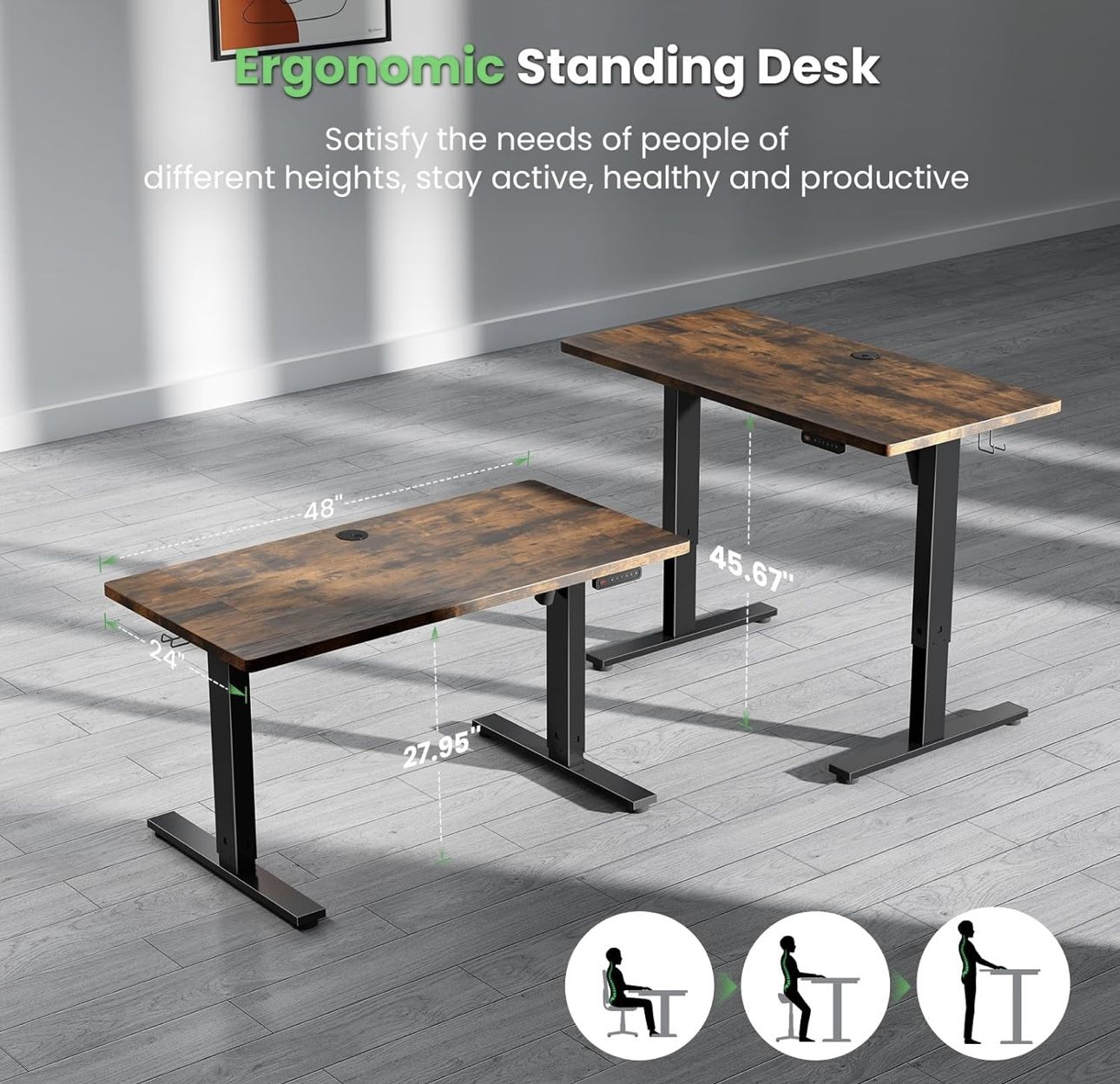 Electric Standing Desk – Adjustable Height, 48”x24”