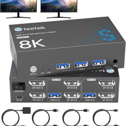 Steetek 8K@60Hz KVM Switch 2 Monitors 2 Computers, USB3.0 DisplayPort KVM Switches, 4K@120Hz Dual Monitor