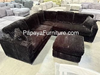 New Modern Black Corduroy Fabric Vintage Classic Sectional Sofa and Ottoman Set Ashley style Large Discounted Furniture Clearance Dark Chocolate Brown
