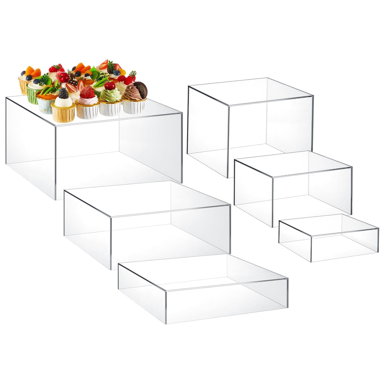 Leinuosen 6 Pcs Buffet Risers, Food Risers For Buffet Table Acrylic Cube Display Nesting Risers With Hollow Bottom Display Stand Shelf(Clear,6''7''8" 