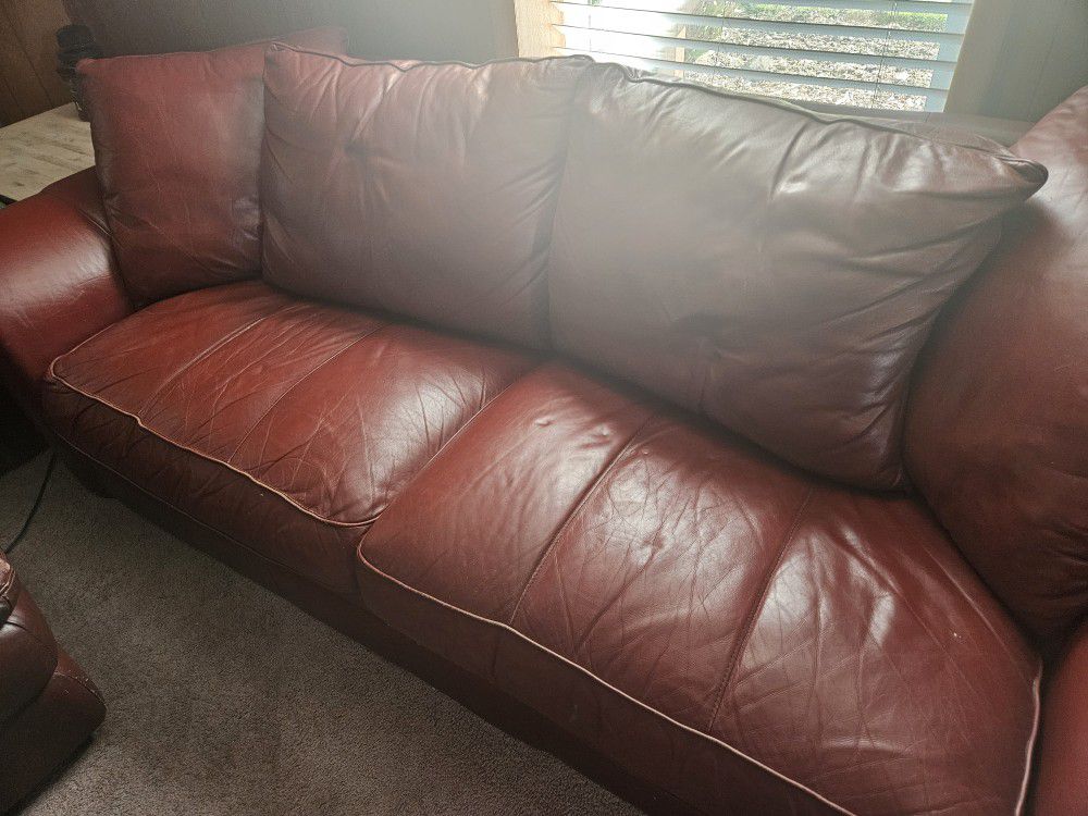 Red Leather Couch, Chair And Ottoman