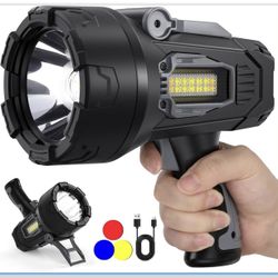 Rechargeable Spotlight,  Lumens Super Bright Spotlight, LED Handheld Spotlight Flashlight with 3 Color Lenses & Foldable Stand, Long Lasting Sp