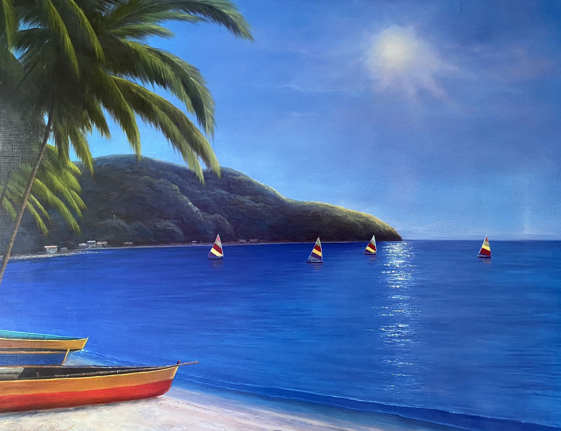 Sunny Ocean Beach Sail Boats Mountains & Palm Trees Solid Painting Style Print