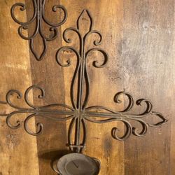 Elegant Brown Metal Wall Cross Candle Holder 