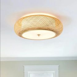 3855: New Bamboo Flush Mount Ceiling Light Handwoven Rattan Light Fixture, 3 Lights Boho Ceiling Lamp for Bedroom, Living Room (23-inch)