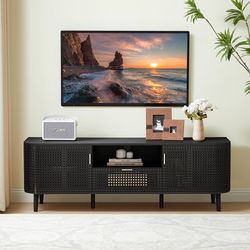 59”TV Stand for TVs Up to 65 Inch, Boho Wood Television Stands Media Entertainment Center Console Table with Curved Iron Rattan Doors and Drawer for L