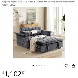 Foldable Modern Velvet Double Sofa, Sofa Bed with Adjustable Back, Storage Bag and Pillow, Hidden Living Room Laptop Desk with USB Port, Suitable for 
