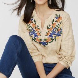 Chico's Crackle Wash V-Neck Blouse/Top. Tan w/Colorful Floral Embroidery Size 3