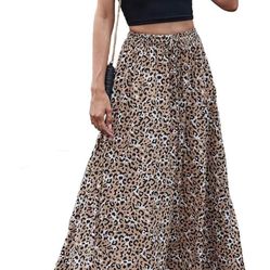 Brand New! Large Bluetime Women Leopard Print Long Skirts Chiffon Summer Beach Pleated Elastic High Waist
