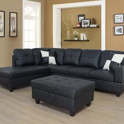New Black Sectional with Storage Ottoman