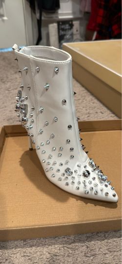 New White Studded Stiletto Ankle Boot, Size 8