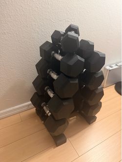Rubber Hex Dumbbell Set (5–25 lbs) with Metal Rack