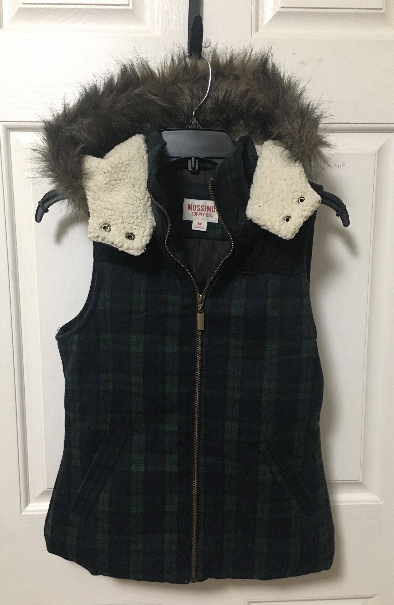 Blue/Green Plaid Sherpa Vest with Faux Fur Hood S/P
