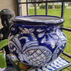Indoors/Outdoors 9" H x 9" W- Zacan Mexican Blue & White Colors ;Talavera Ceramic Garden Pot.