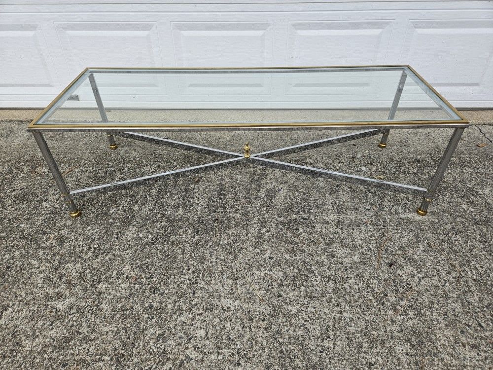 Vintage Maison Jansen Style Chrome and Brass Glass Top Coffee Table Mid-Century Modern