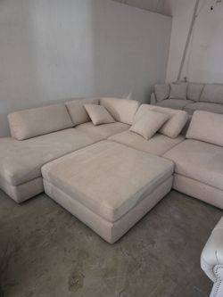 Cream Fabric Sectional Sofa with Ottoman