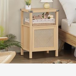 Lerliuo Rattan Nightstand, Boho Side End Table with Handmade Natural Rattan Decorated Door and Open Shelf, Wood Accent Night Stand with Storage, Bedsi