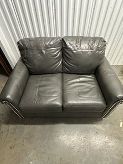 Charcoal Gray Leather Loveseat Couch with Nailhead Trim