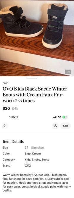 OVO Kids Black Suede Winter Boots with Cream Faux Fur-