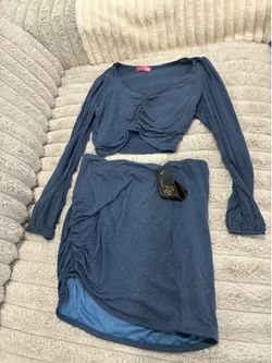 Blue Ruched Crop Top & Skirt Outfit – Size Large