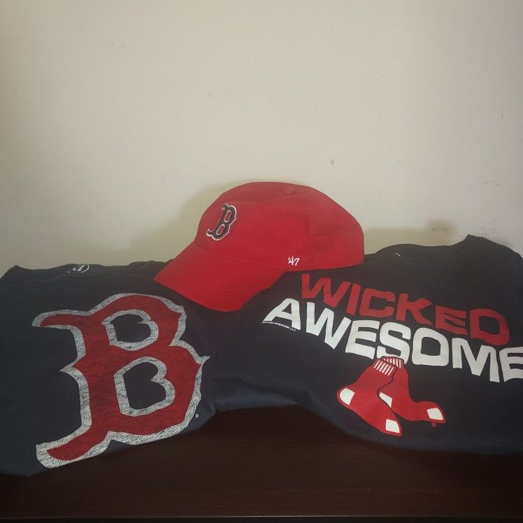 Boston Red Sox Mens T Shirts Size Medium 47 Brand  (2) & Baseball Hat Blue & Red