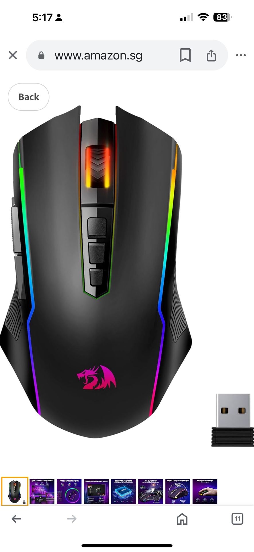 Redragon Wireless Gaming Mouse, Tri-Mode 2.4G/USB-C/Bluetooth Mouse Gaming, 10000 DPI, RGB Backlit, Fully Programmable, Rechargeable Wireless Computer
